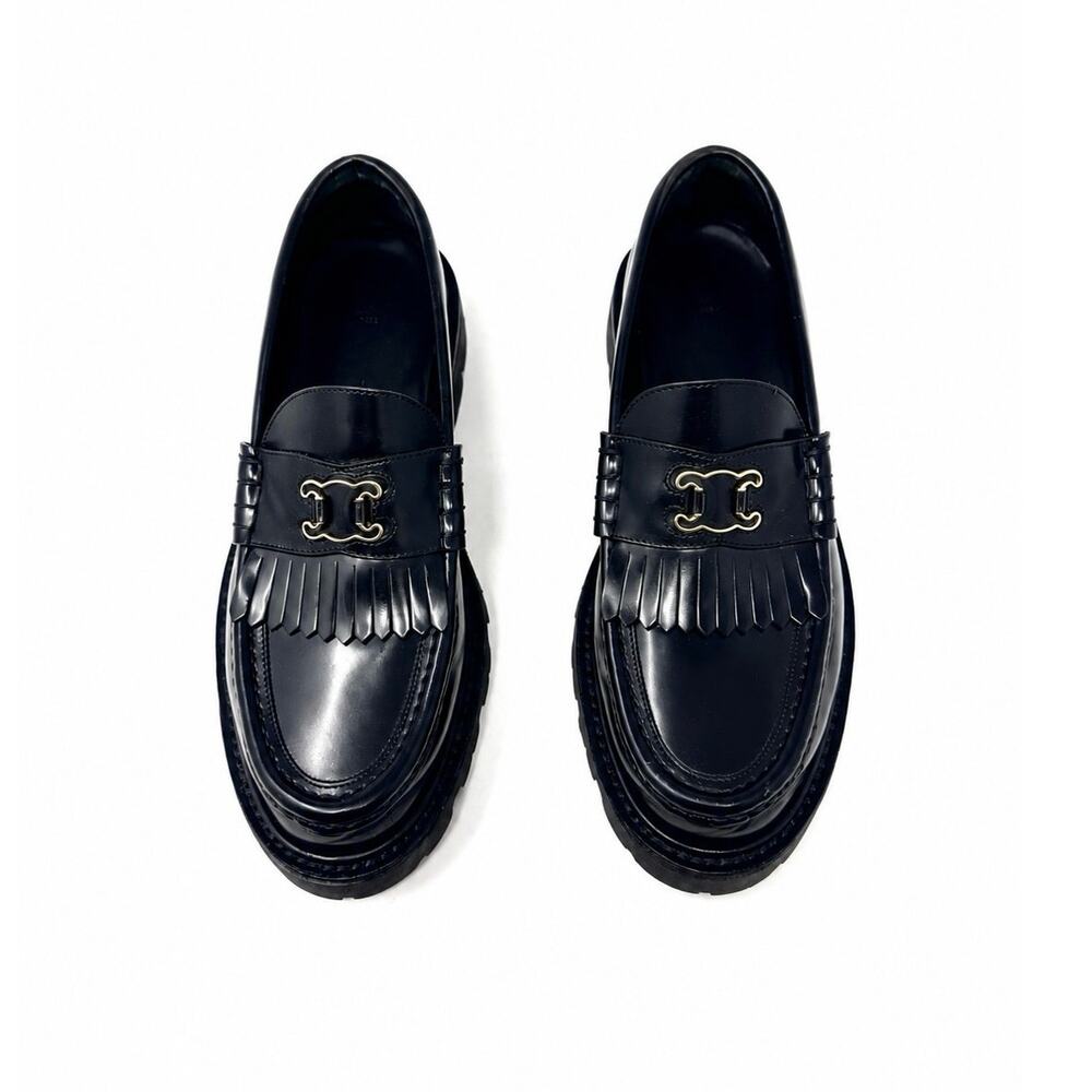 Celine Triomphe Margaret Frame Black Leather Chunky Fringe Loafer Sz 38